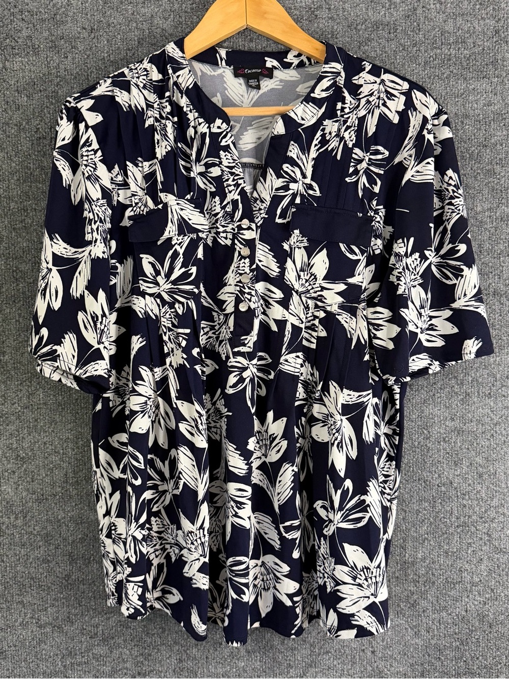 Cocomo Womens Floral Print Top Size XL Navy White Elbow Sleeve Casual Stretch
